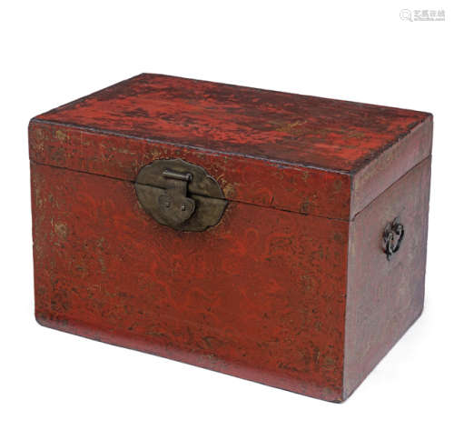 A RED-LACQUERED AND PAINTED BOX AND COVER