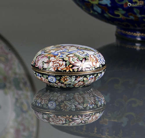 A POYCHROME PAINTED CANTON ENAMEL FLOWERS AND GIRL BOX AND COVER