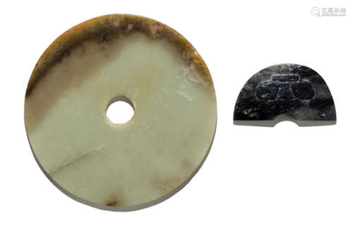 A JADE BI DISC AND A TAOTIE DECORATED JADE PENDANT IN ARCHAIC STYLE