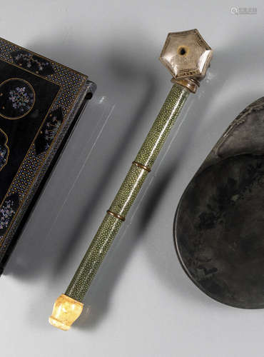 AN OPIUM PIPE WITH FISH SKIN AND A ZISHA CONTAINER