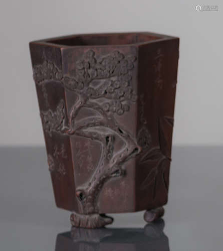 A MOLDED AND INSCRIBED 'THREE FRIENDS' ZISHA WARE JARDINIÈRE