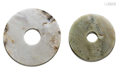 TWO 'BI' DISCS WITH STYLIZED PHOENIX AND ABSTRACT ''TAOTIE' DECOR