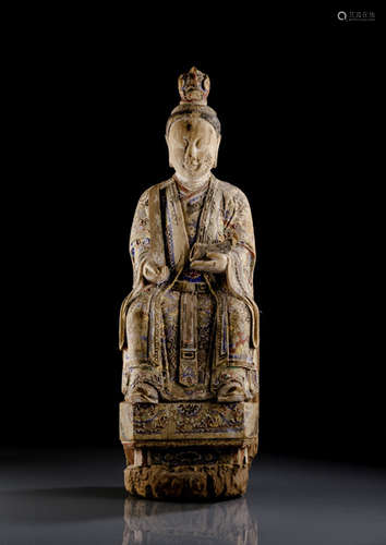 A POLYCHROME WOOD FIGURE OF A FEMALE DEITY