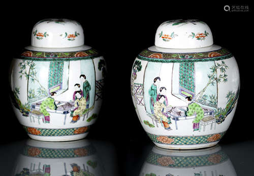 TWO FAMILLE VERTE PORCELAIN JARS AND COVERS