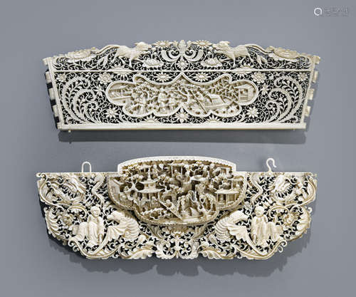 TWO IVORY PANELS WITH OPENWORK AND RELIEF CARVING OF FLORAL SPRAYS AND AUSPICIOUS SYMBOLS