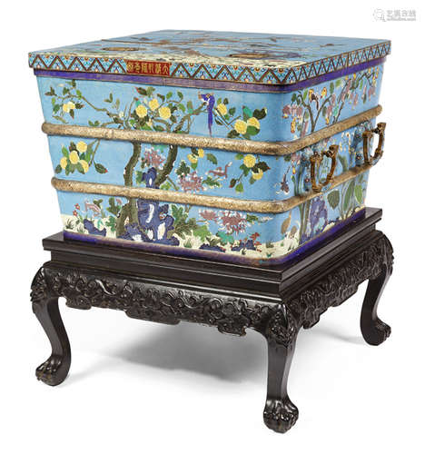 A LARGE CLOISONNÉ ENAMEL SQUARE ICE CHEST