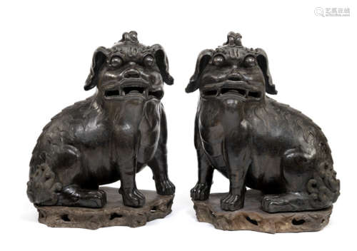 A RARE PAIR OF VERY LARGE BLACK-GLAZED POTTERY FABULOUS ANIMALS