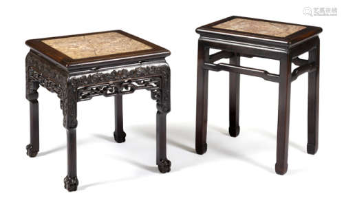 A PAIR OF CARVED HARDWOOD STOOLS WITH STONE TOPS
