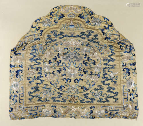 AN IVORY-GROUND SILK EMBROIDERY FRONT OF A THRONE CUSHION