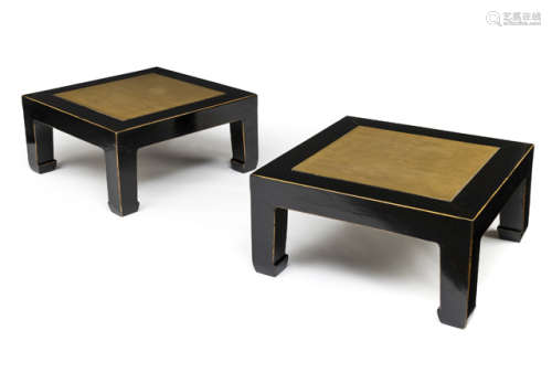 A PAIR OF SQUARE HARDWOOD LOW TABLES WITH STONE PLATES