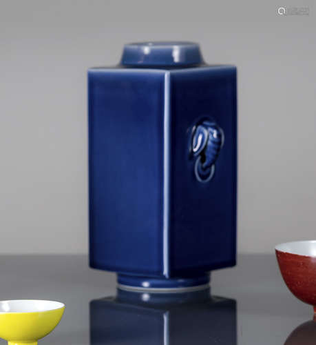 A BLUE-GLAZED CONG-SHAPED PORCELAIN VASE