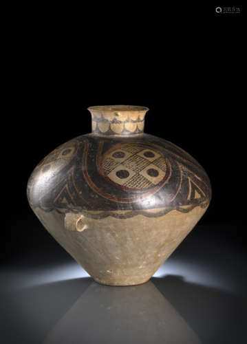 A BROWN AND RED PAINTED POTTERY JAR