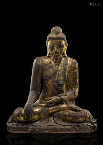 A GILT- AND RED-LACQUERED WOOD FIGURE OF BUDDHA SHAKYAMUNI BURMA