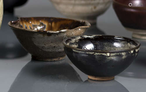 A DARK-BROWN GREY-SLASHED POTTERY CHAWAN AND A BROWN-GREY SPLASHED CARAMEL COLORED POTTERY CHAWAN