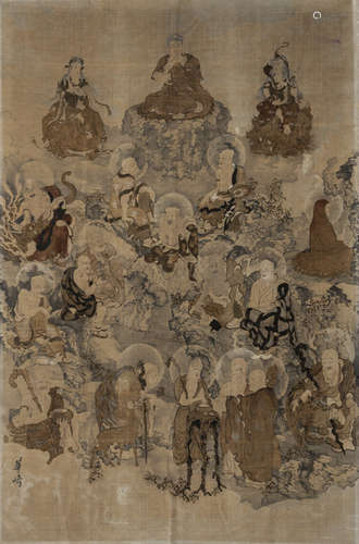 A WOVEN SILK TEXTILE DEPICTING RAKAN AND BUDDHA AMIDA