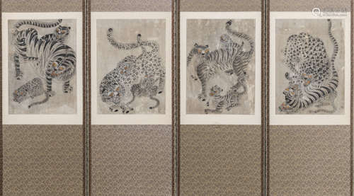 FOUR TIGER PAINTINGS ON PAPER MOUNTED ON A SCREEN