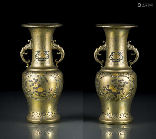 A PAIR OF 'PRUNUS' BRONZE VASES