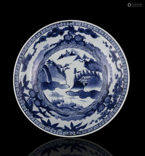 A LARGE BLUE AND WHITE SEA LANDSCAPE PLATE