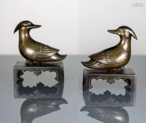 A PAIR OF BRONZE KORO IN SHAPE OF MANDARIN DUCKS