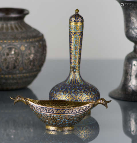A GILT-COPPER AND ENAMEL VASE AND COVER AND A BOWL