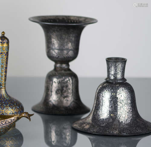 A DOUBLE-BELL SHAPED SPITTOON AND A HOOKAH STAND WITH SILVER INLAYS