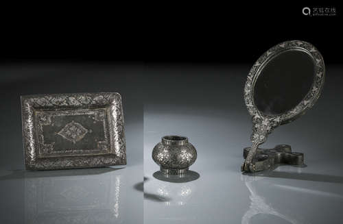 A GROUP OF THREE BIDRI SILVER-INLAID METAL WORKs: A MIRROR WITH STAND