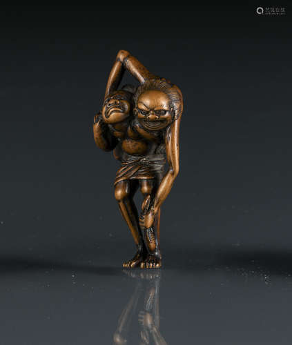 A WELL CARVED WOOD NETSUKE OF ASHINAGA AND TENAGA