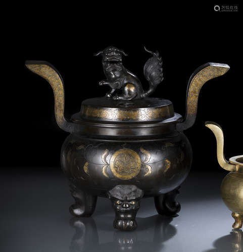 A PART-GILT TWO-PART BRONZE CENSER AND COVER WITH AOI MON AND SHISHI FINIAL