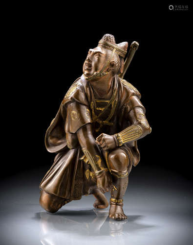 A PART-GILT COPPER MODEL OF A KNEELING SAMURAI