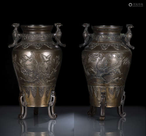 A LARGE PAIR OF BRONZE VASES WITH BIRDS AND FLOWERS