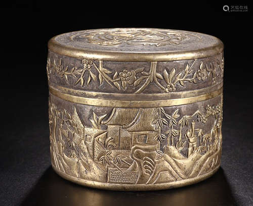 A SILVER LANDSCAPE FIGURE CAPPING BOX