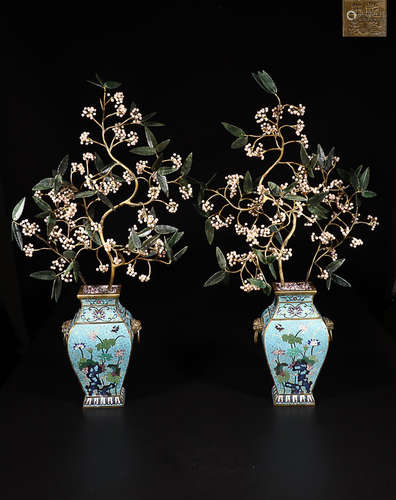 A PAIR OF QIANLONG MARK CLOISONNE BONSAI