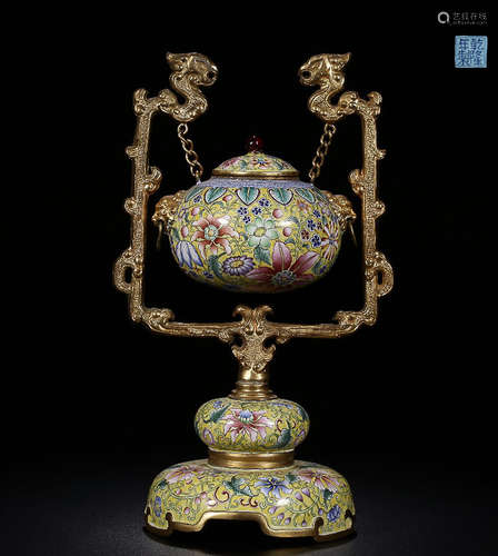 A QIANLONG MARK BRONZE ENAMELED CENSER