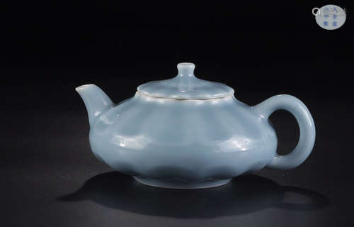 A YONGZHENG MARK CELADON MELON HANDLED TEAPOT