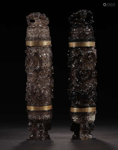 A PAIR CITRINE CARVED DOUBLE DRAGON INCENSE TUBE