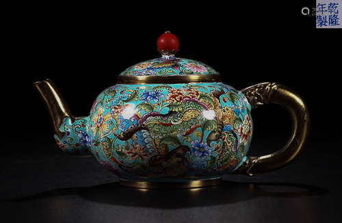 A QIANLONG MARK BRONZE ENAMELED FLOWER PATTERN TEAPOT