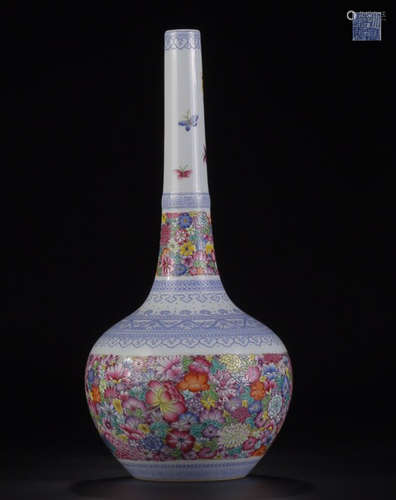 A QIANLONG MARK ENAMELED LONG NECK VASE