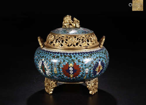 A QIANLONG MARK CLOISONNE TWINE TRIPOD CENSER