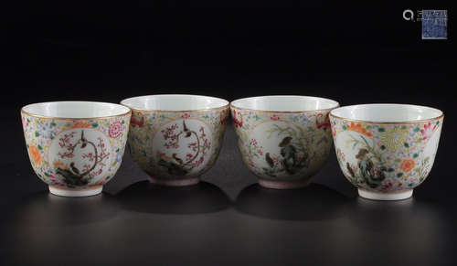 A FOUR-PIECE QIANLONG MARK FAMILLE ROSE LITTLE CUPS