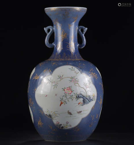 A BLUE GLAZE FLOWER AND BIRD RUYI VASE WITH OPEN-OF-LIGHT