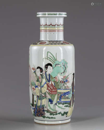 A  Chinese famille verte 'ladies' rouleau vase