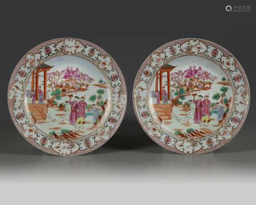 A pair of Chinese famille rose 'Mandarin pattern' dishes