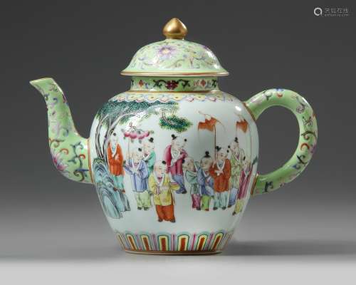 A Chinese famille rose 'boys' teapot and cover