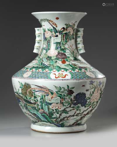 A large Chinese famille verte 'bird and flower' vase, hu