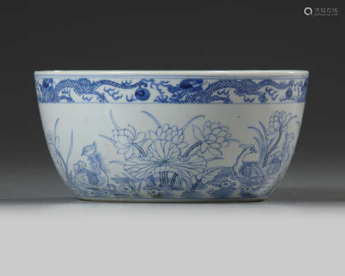 A Chinese blue and white 'mandarin ducks' bowl