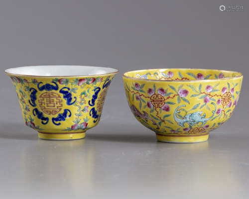 Two Chinese yellow-ground famille rose bowls