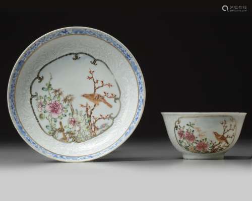 A Chinese famille rose ‘bird and flower’ cup and saucer