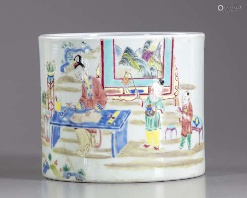 A Chinese famille rose 'boys and ladies' brush pot, bitong