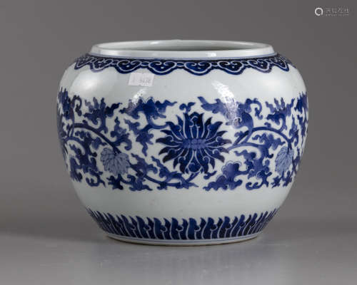 A Chinese blue and white lotus scroll jar