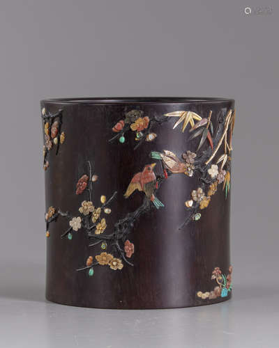 A Chinese hardwood soapstone and mother-of-pearl inlaid brush pot